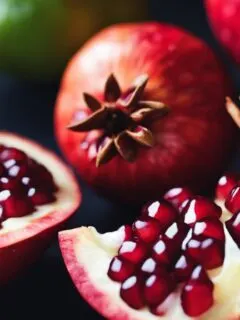 Cut open and whole pomegranates