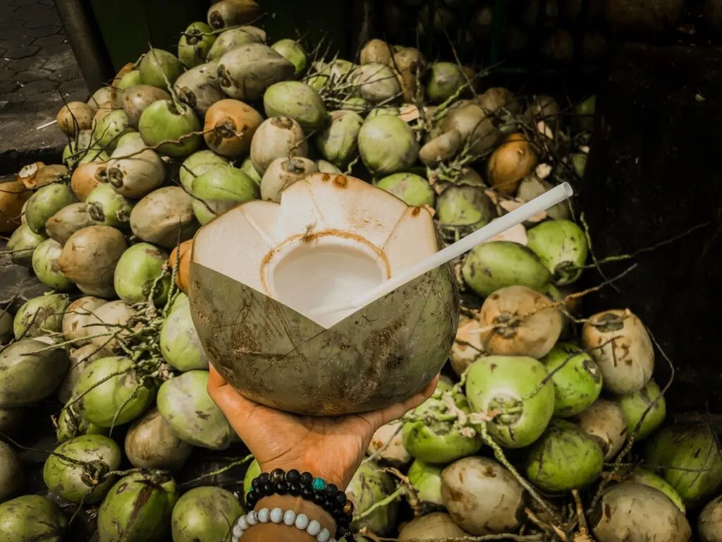 A coconut opened in half with a plastic straw and a pile of fresh coconuts in the background