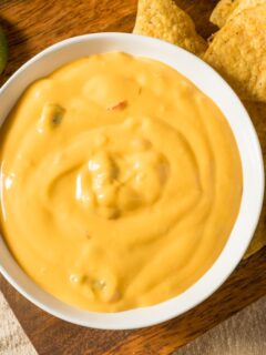 A bowl of queso in a next to some chips