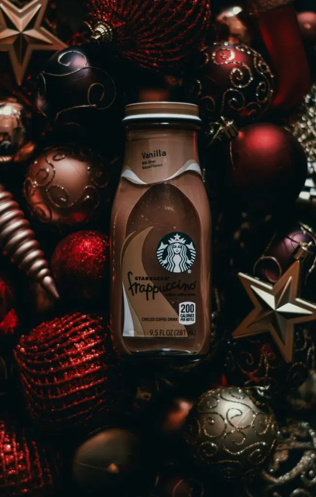 Starbucks bottled frappuccino on Christmas balls